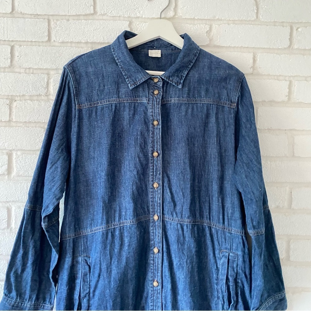 Poetry Denim Dress Midi Tiered Button Front Hemp Cotton Indigo Dark Wash XL 14 - Picture 4 of 9